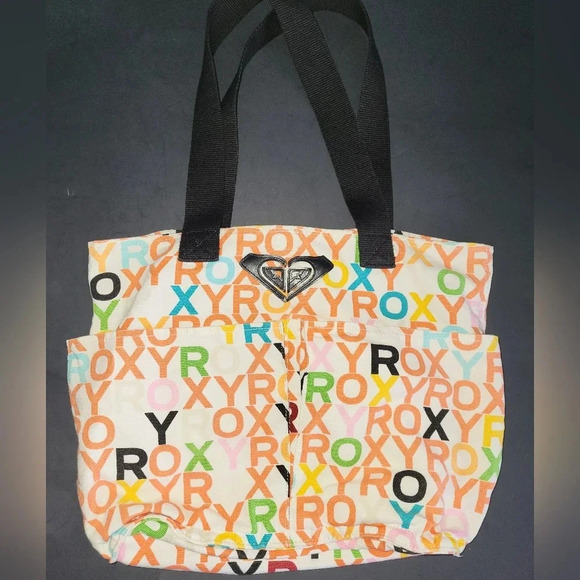 Roxy White Orange Colorful Tote with Black Straps Hook and Loop Closure - Picture 1 of 6
